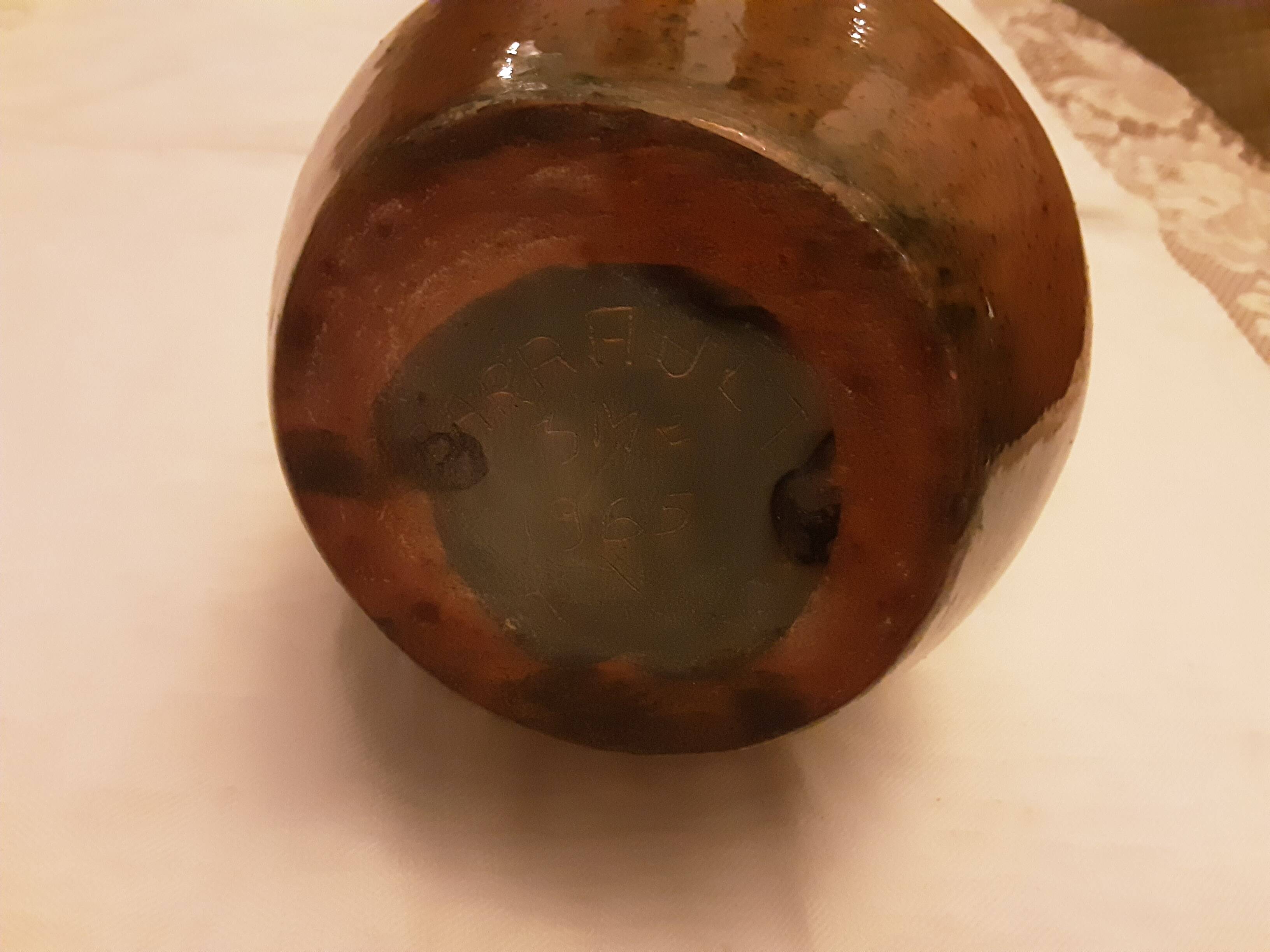 BROWN GLAZED STONEWARE SOLIFLORE VASE SIGNED BARRAULT 1965