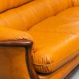 3-seater leather and wood sofa, 1950s vintage modernism