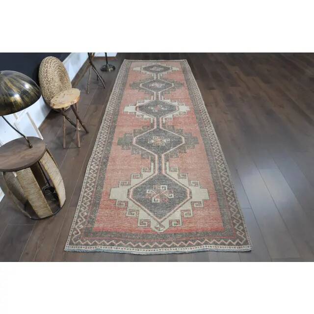 Orange Brown Turkish Vintage Oushak Wool Handmade Rug Runner 122x365