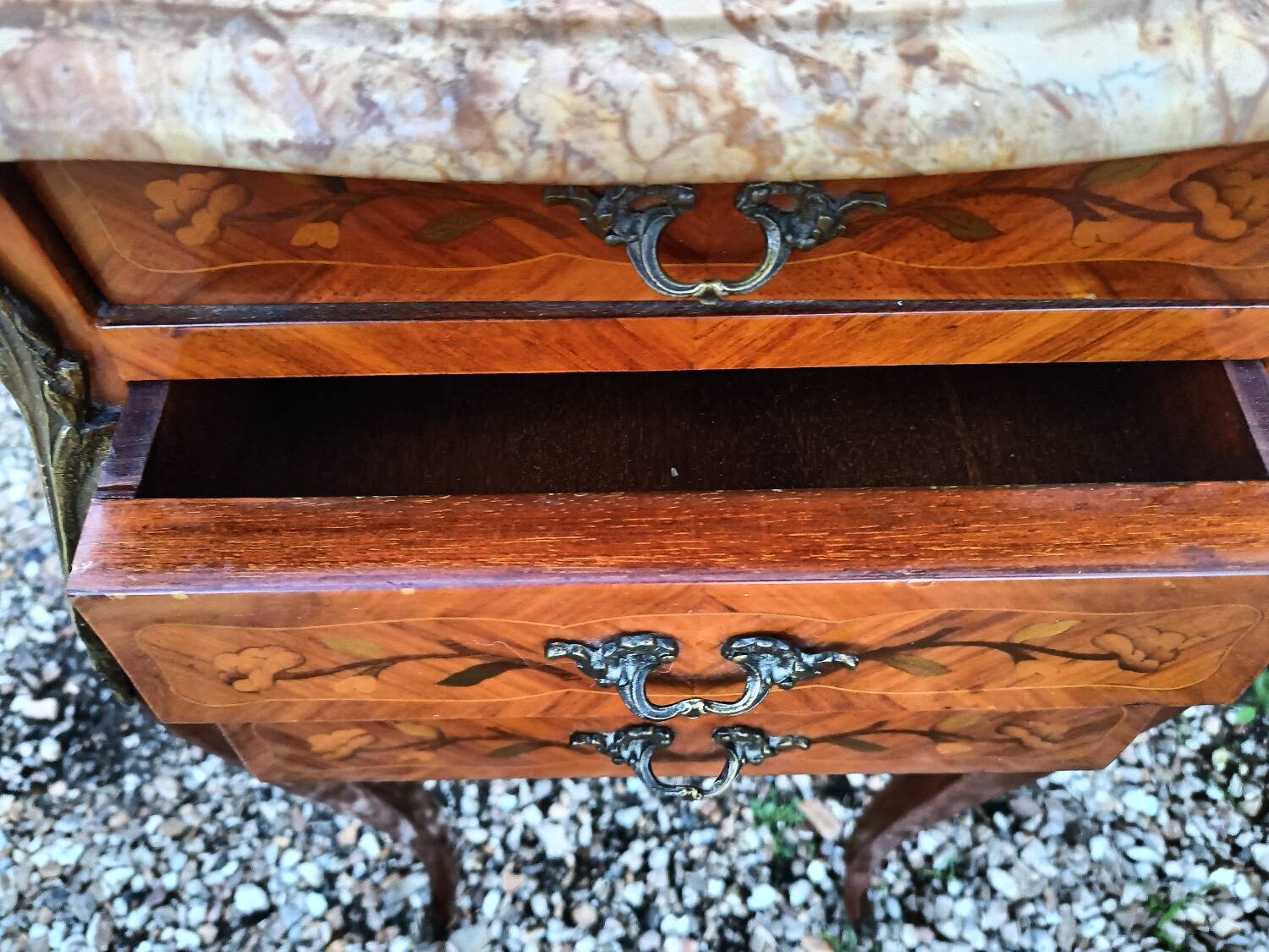 Louis xv style marble top marquetry bedside tables