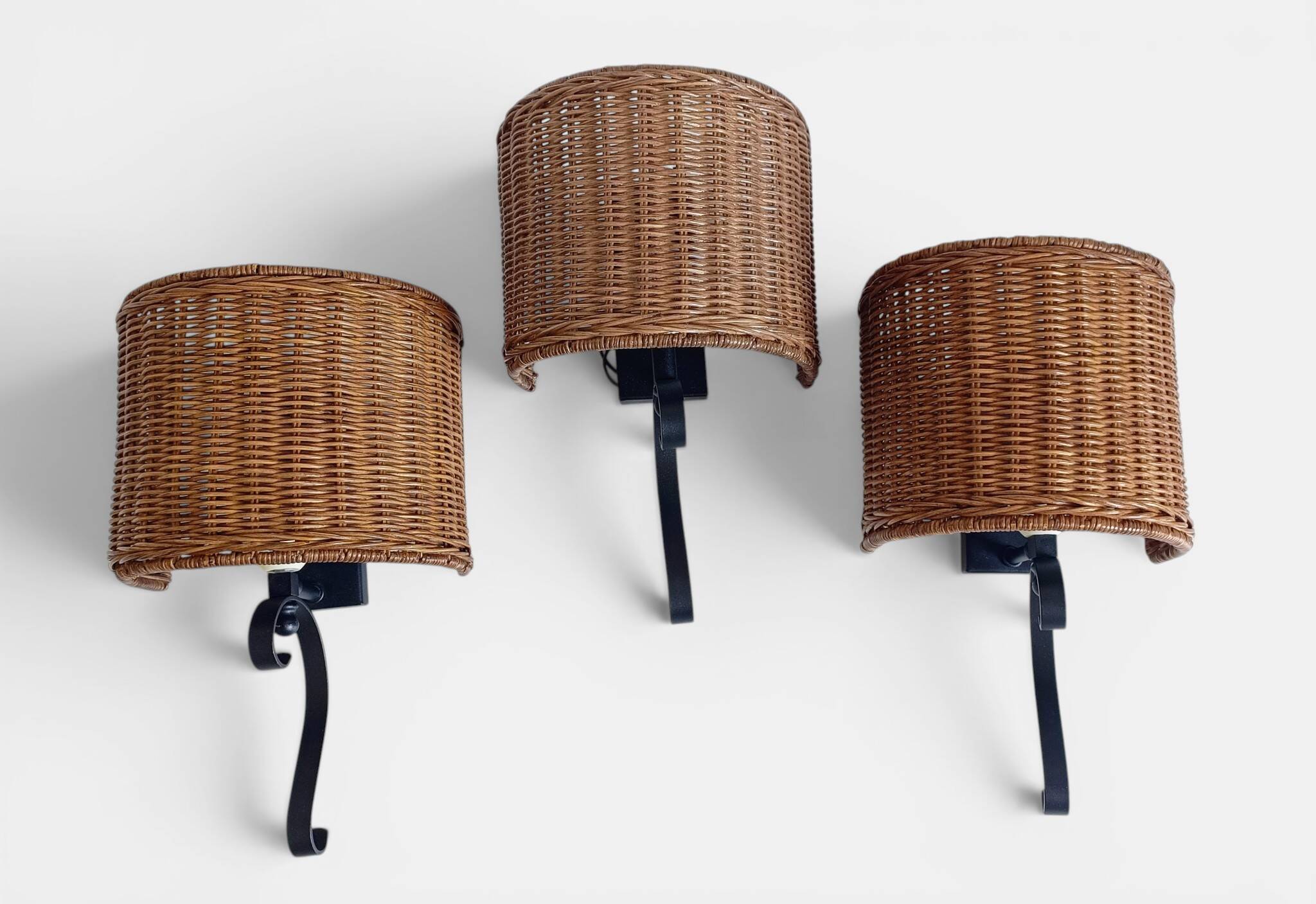 Spanish Mid-Century Wicker And Wrought Iron Wall Sconces, Three Available