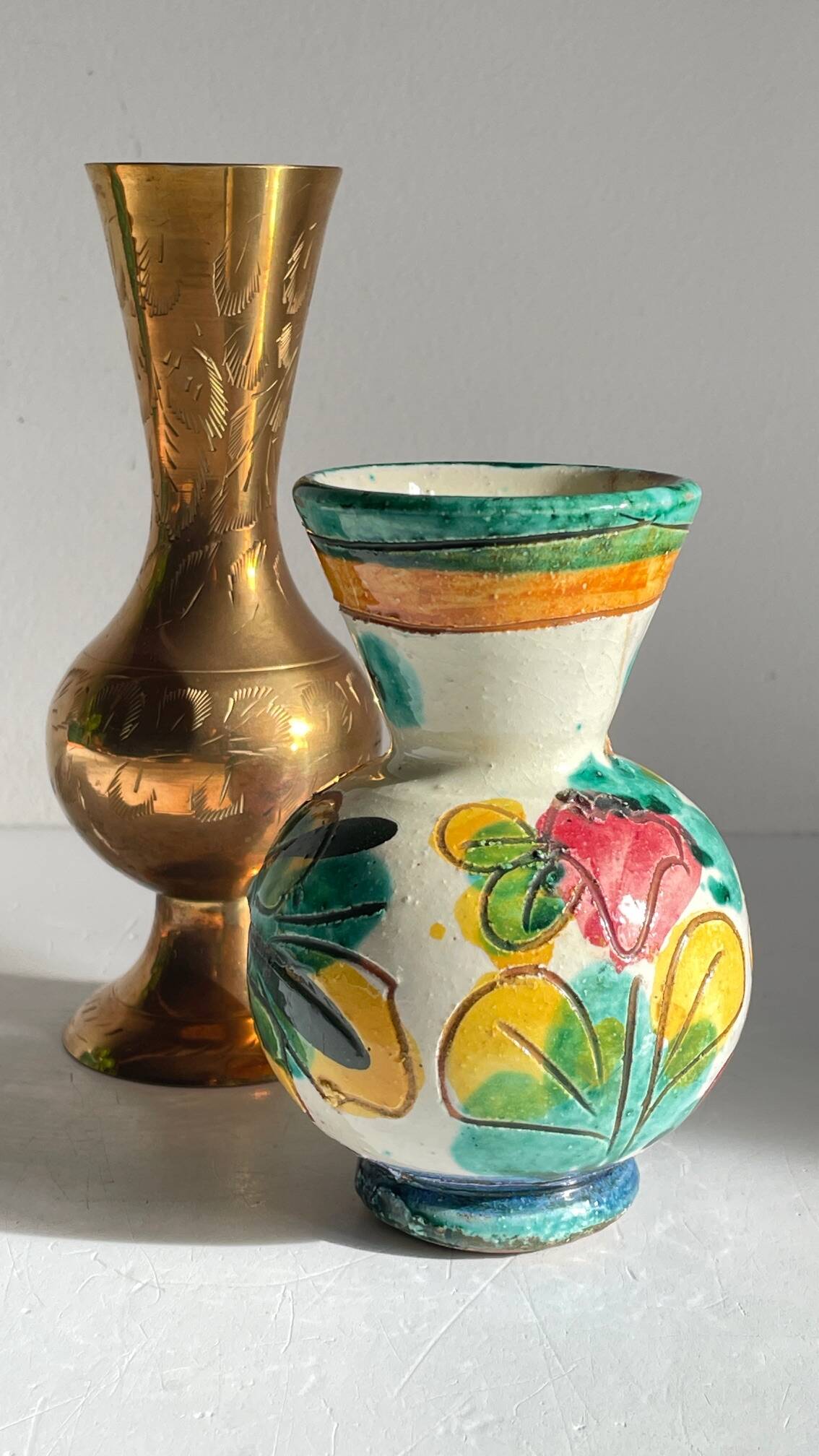 Vases céramique artisanale laiton ciselé vintage
