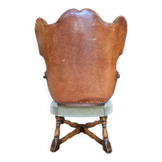Rare leather and oak wing chair designed by Theo Ruth for Artifort / f 297 from 1949