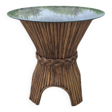 Sheaf of wheat bamboo dining table glass top McGuire 1970s