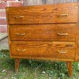 Ancienne Commode Bois 3 Tiroirs Années 70 Pieds Compas Vintage #B773