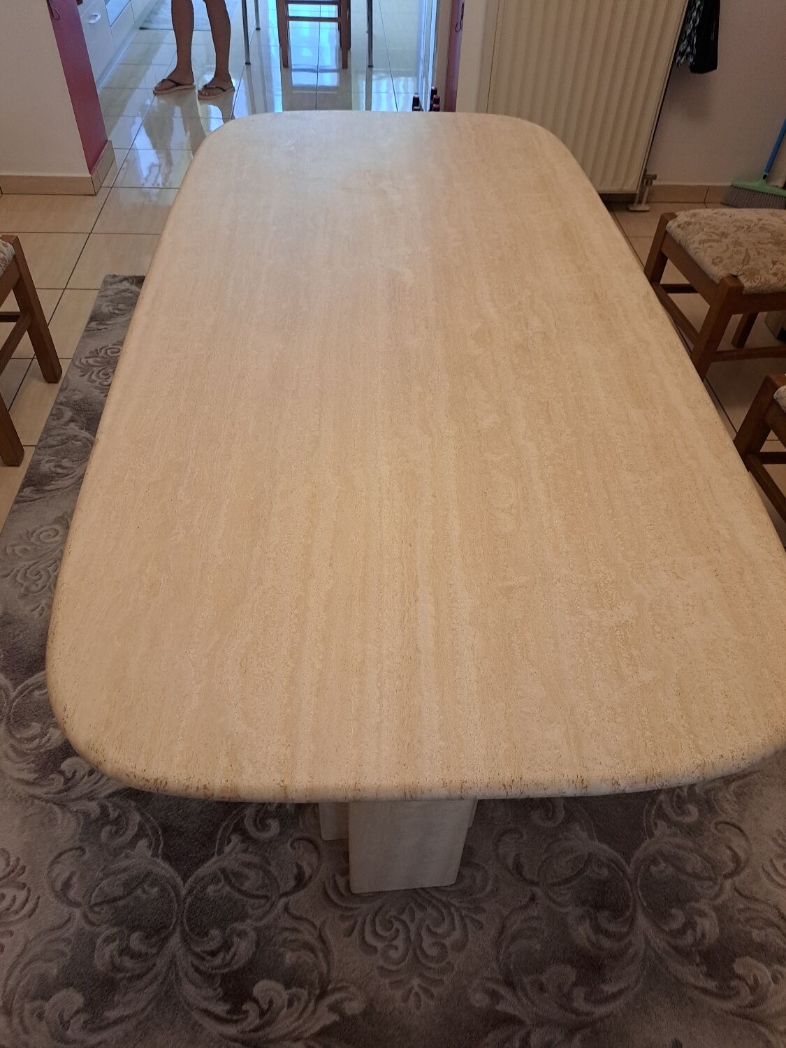 Travertine dining table.
