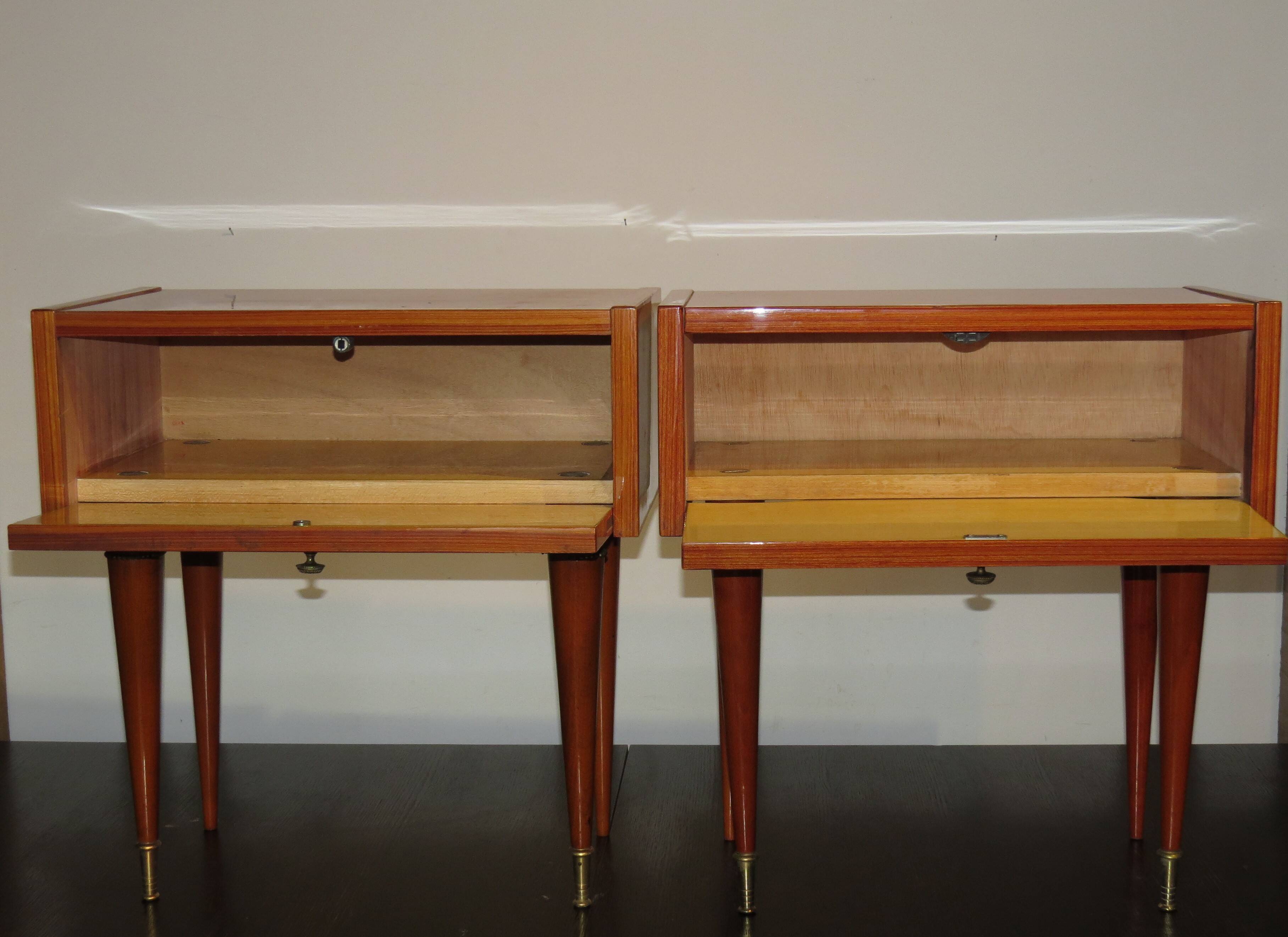 Pair of 60s veneer bedside tables with brass decorations