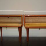 Pair of 60s veneer bedside tables with brass decorations
