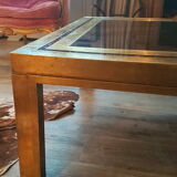 Table basse années 70 en laiton et verre chocolat