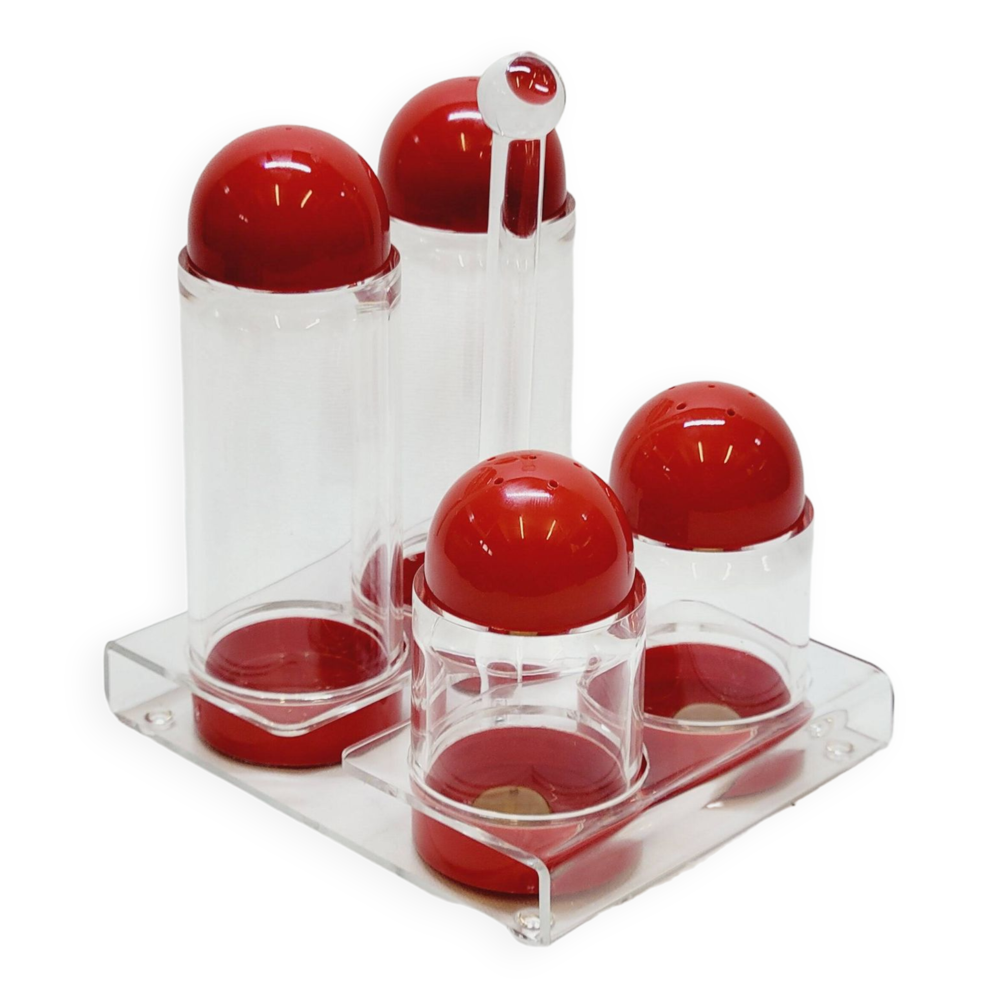 Condiment service oil vinegar salt pepper vintage plexi and red plastic