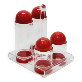 Condiment service oil vinegar salt pepper vintage plexi and red plastic