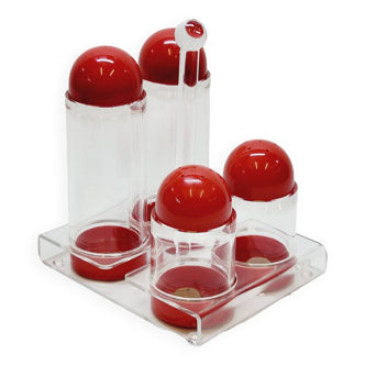 Service a condiments huile vinaigre sel poivre vintage plexi et plastique rouge