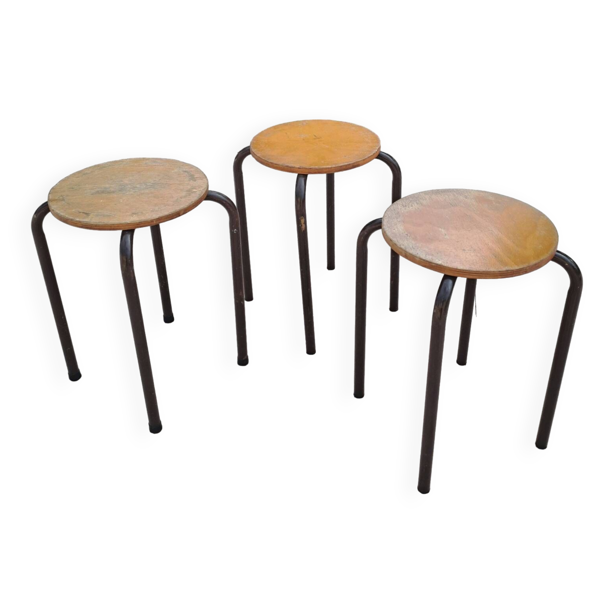 3 wooden and tube school stools