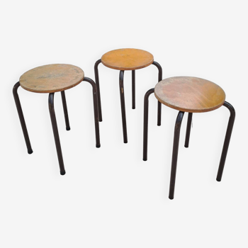 3 wooden and tube school stools