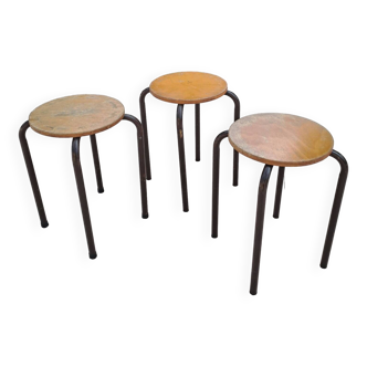 3 wooden and tube school stools