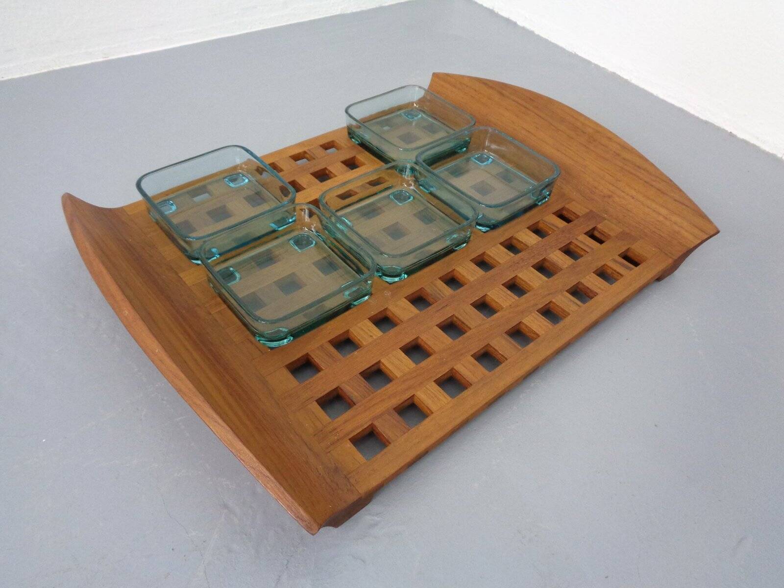 Teak tray with glass bowls by Jens Quistgaard for IHQ Dansk Designs, 1960s, set of 6.
