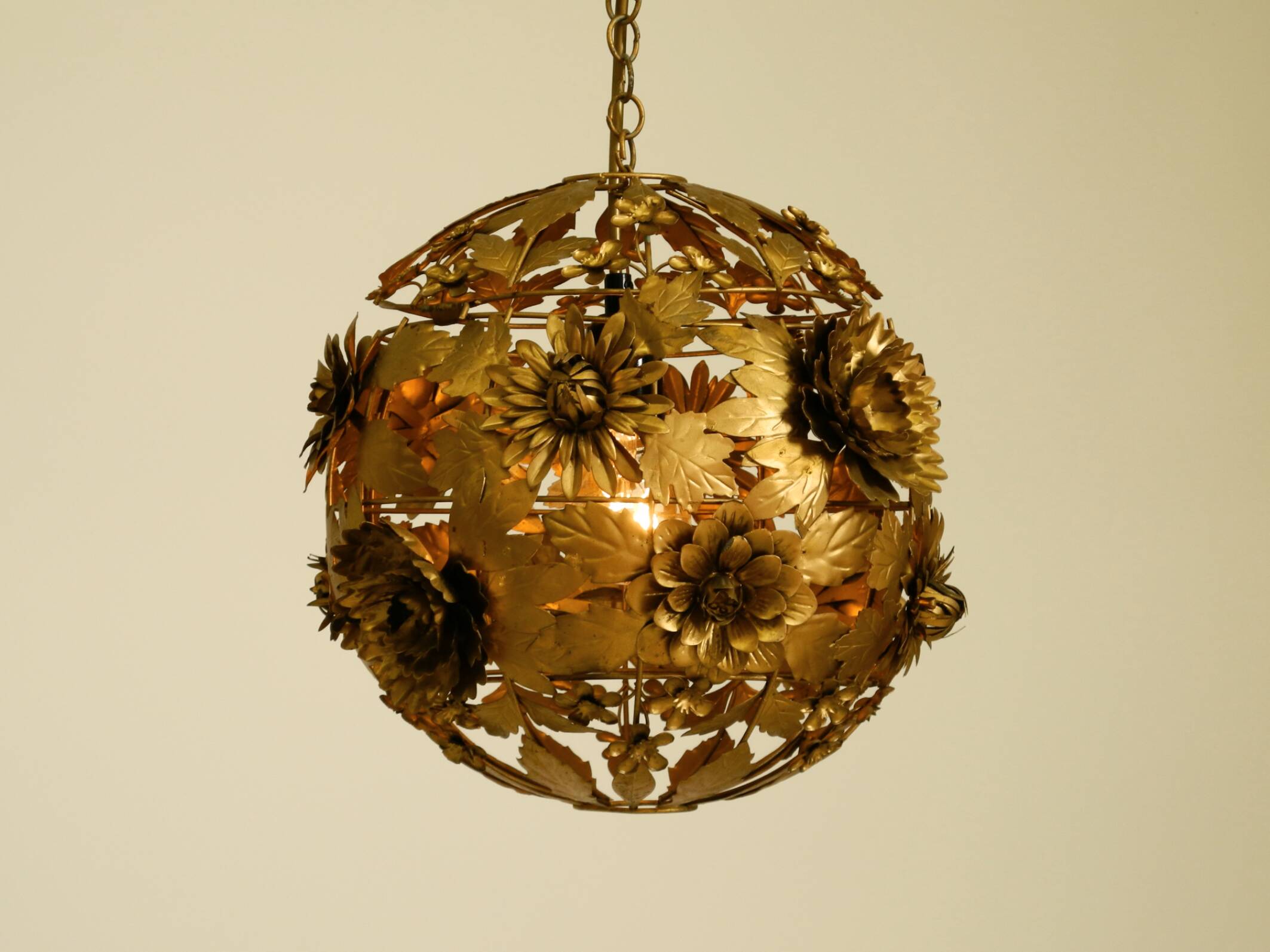Beautiful floral-style spherical metal ceiling lamp, 1970s Regency design
