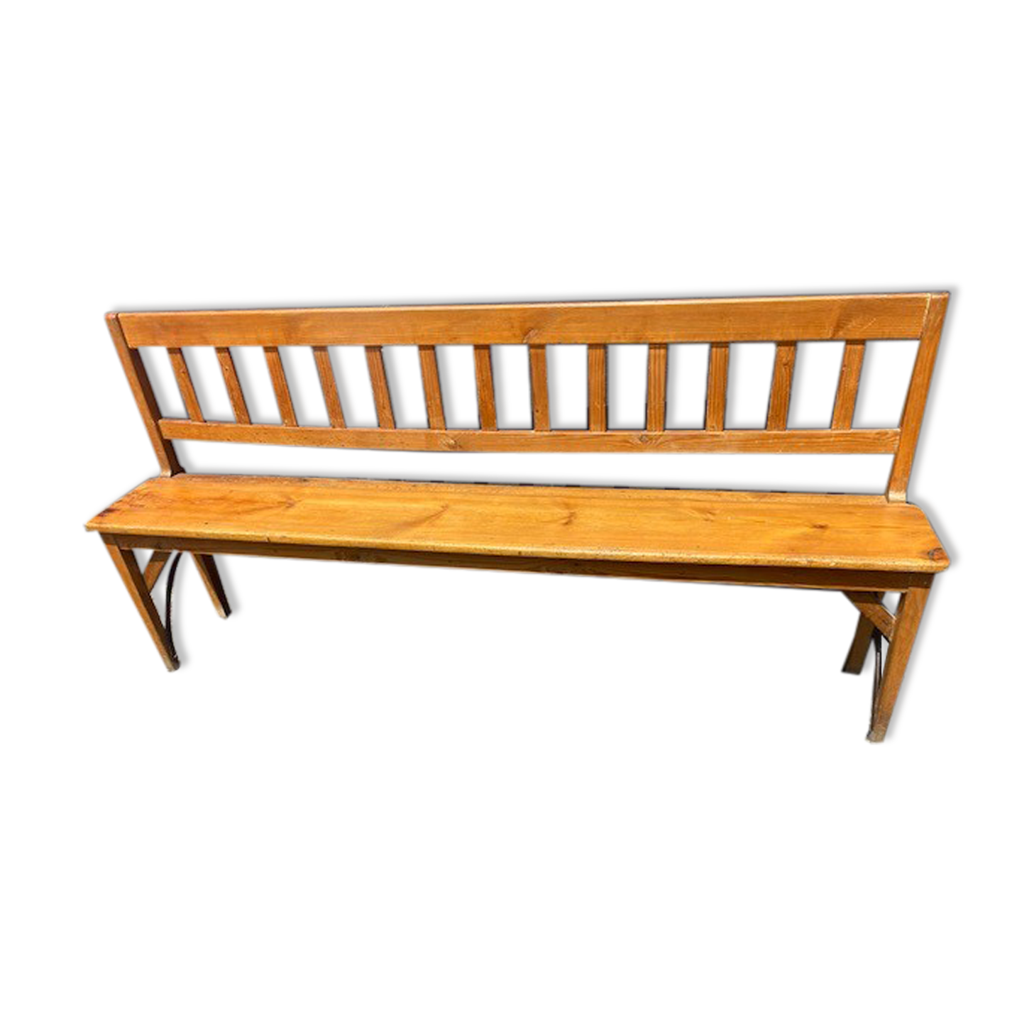 Old wooden long station bench from Belgium