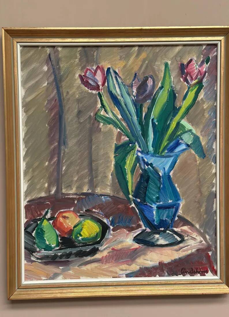 Original Swedish Oil on Canvas - 'Tulips' by Knut Lindström - Signed - Dated 1966 - Framed