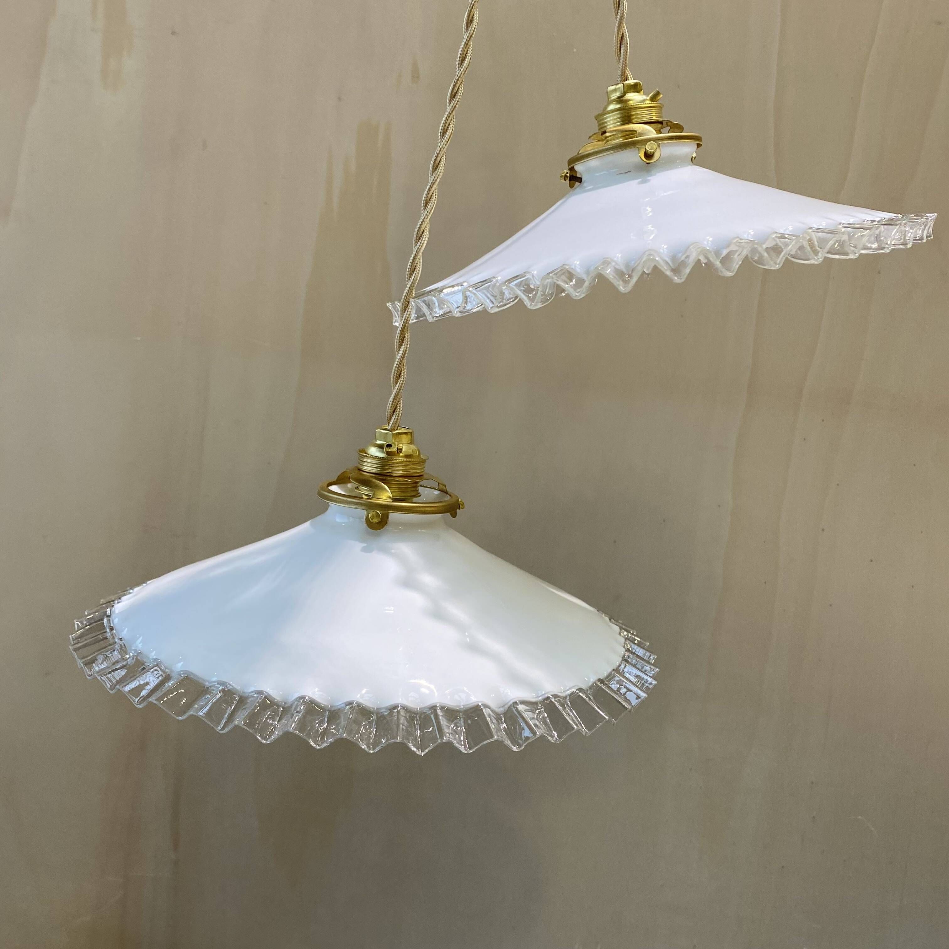 Pair of vintage pendant lights in opaline and transparent serrated edges
