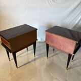 Pair of vintage bedside tables in marquetry wood – revisited Art Deco style