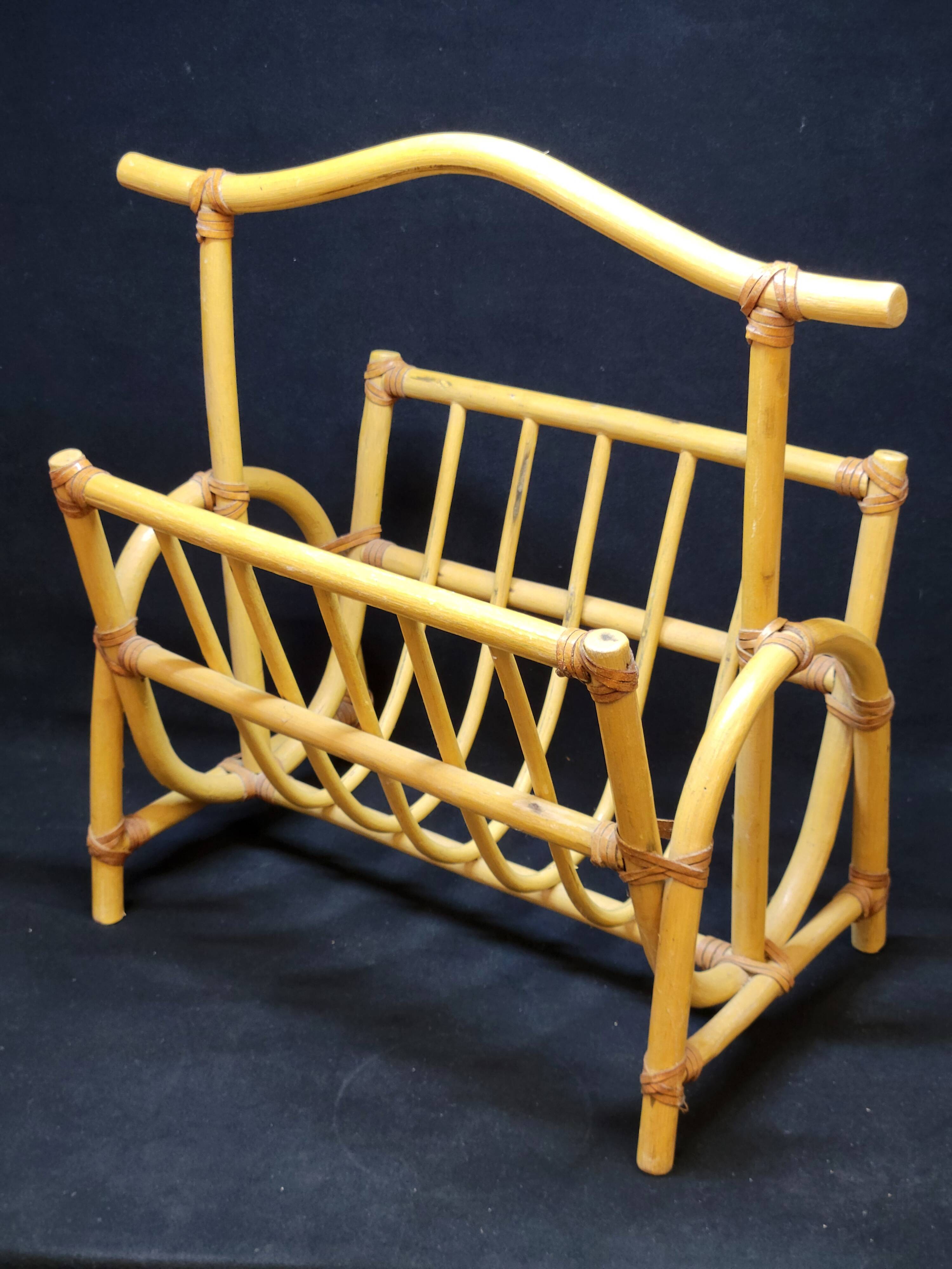 Large vintage bamboo magazine rack with leather straps, 1970s
