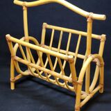 Grand porte revue vintage en bambou et lanières en cuir années 1970