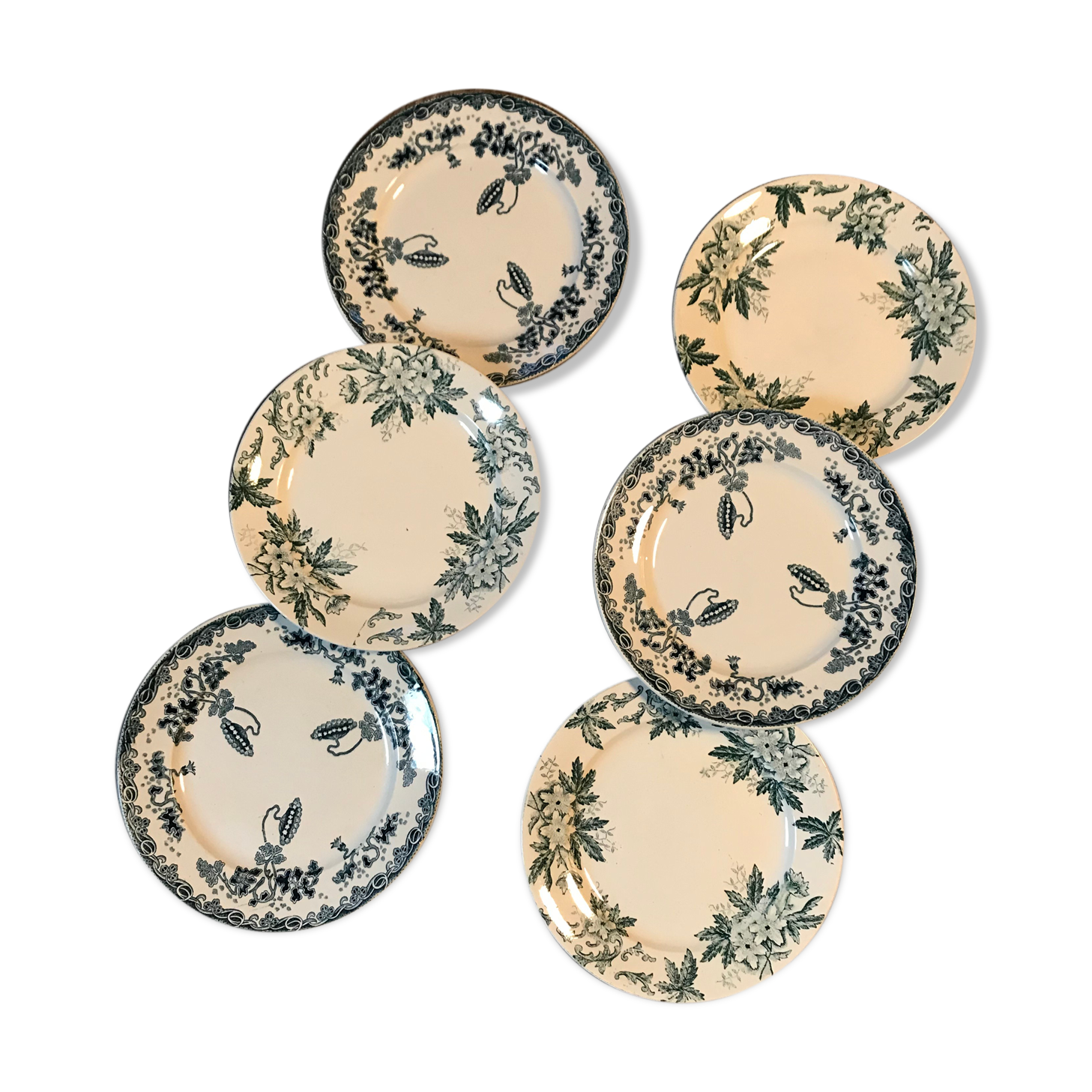 6 mismatched iron land dessert plates