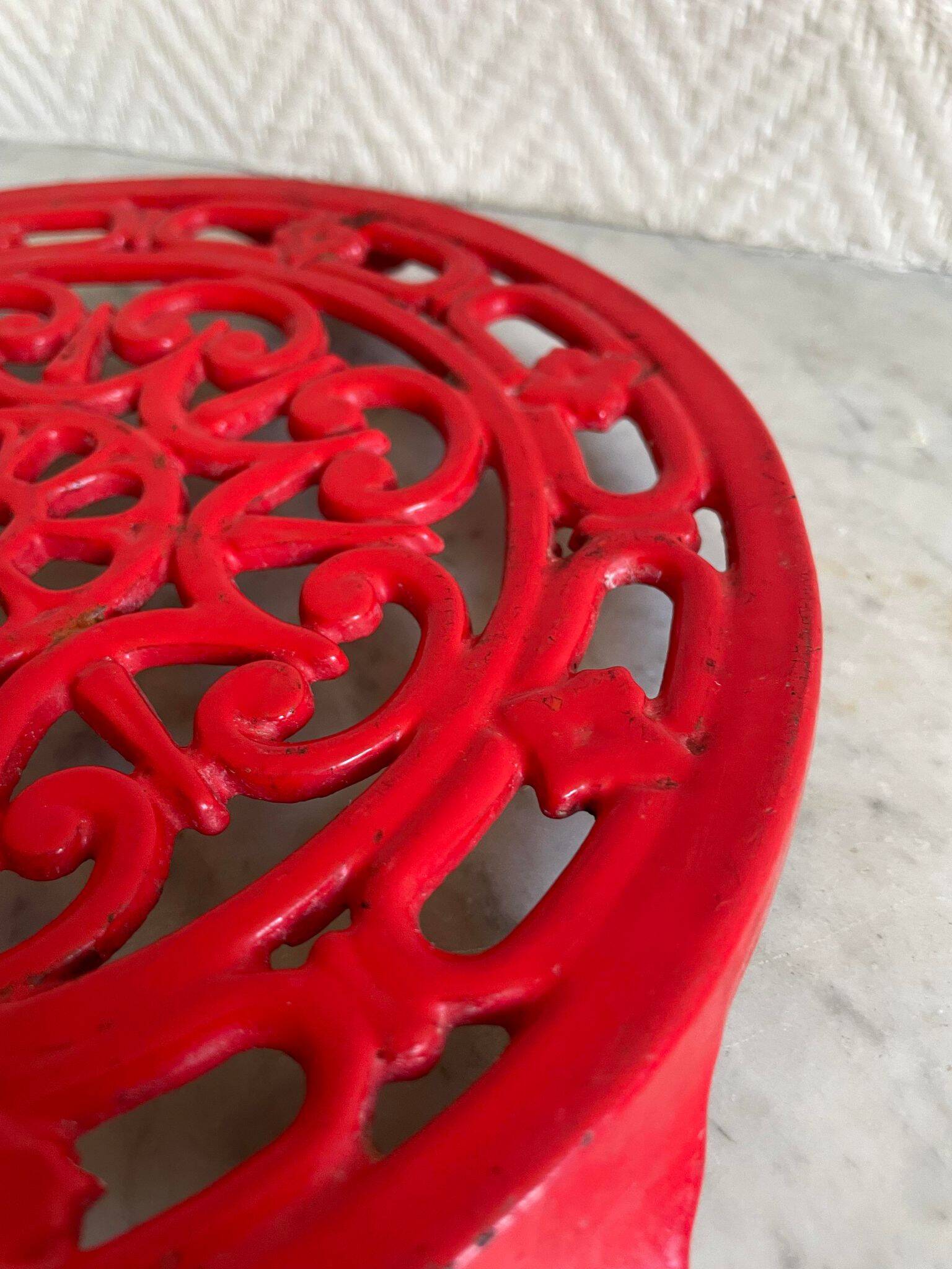 Vintage red Decotec enameled cast iron trivet