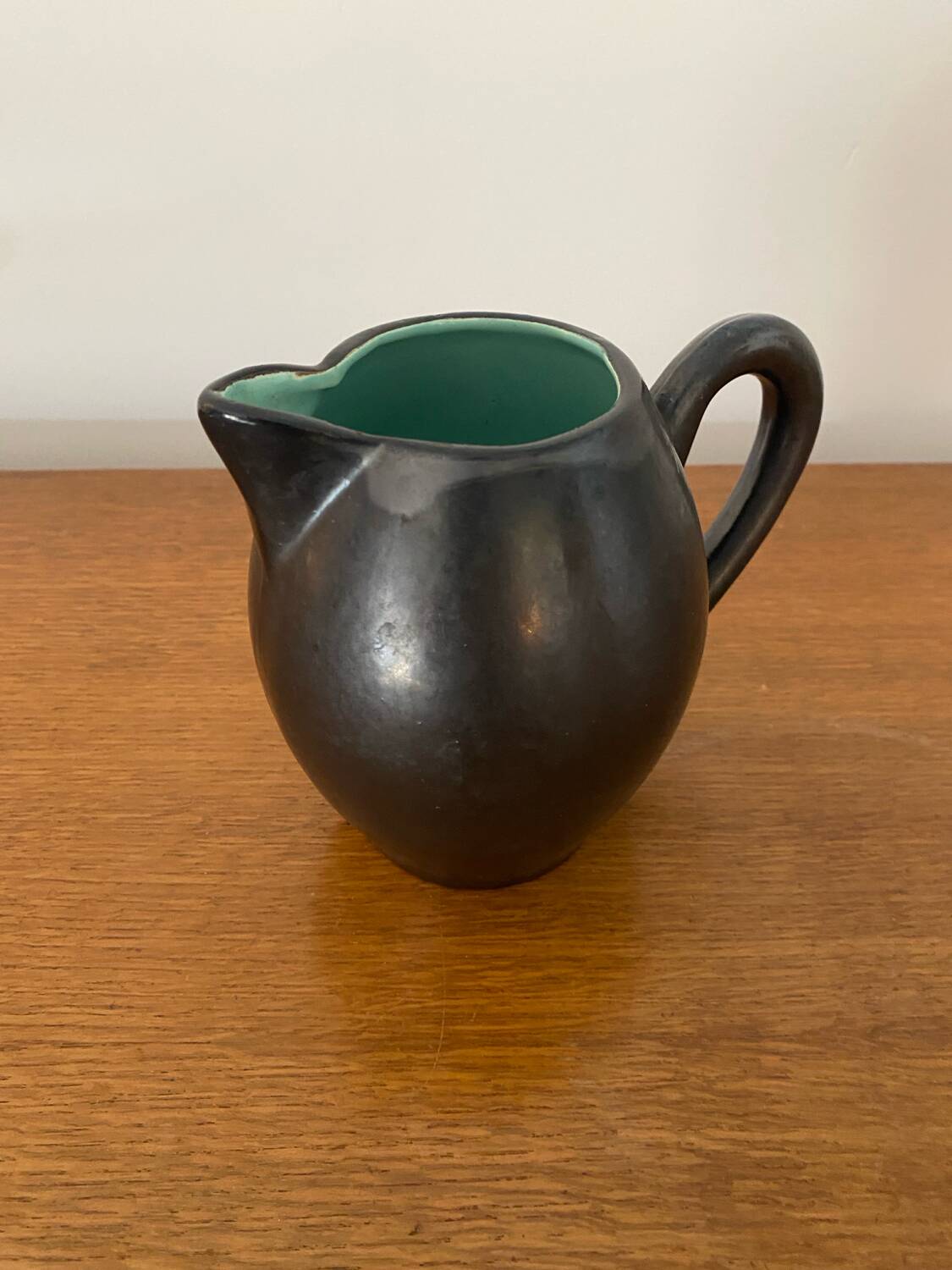 Old ST CLEMENT Ceramic Pitcher Black Green Interior 50's Vintage #B921