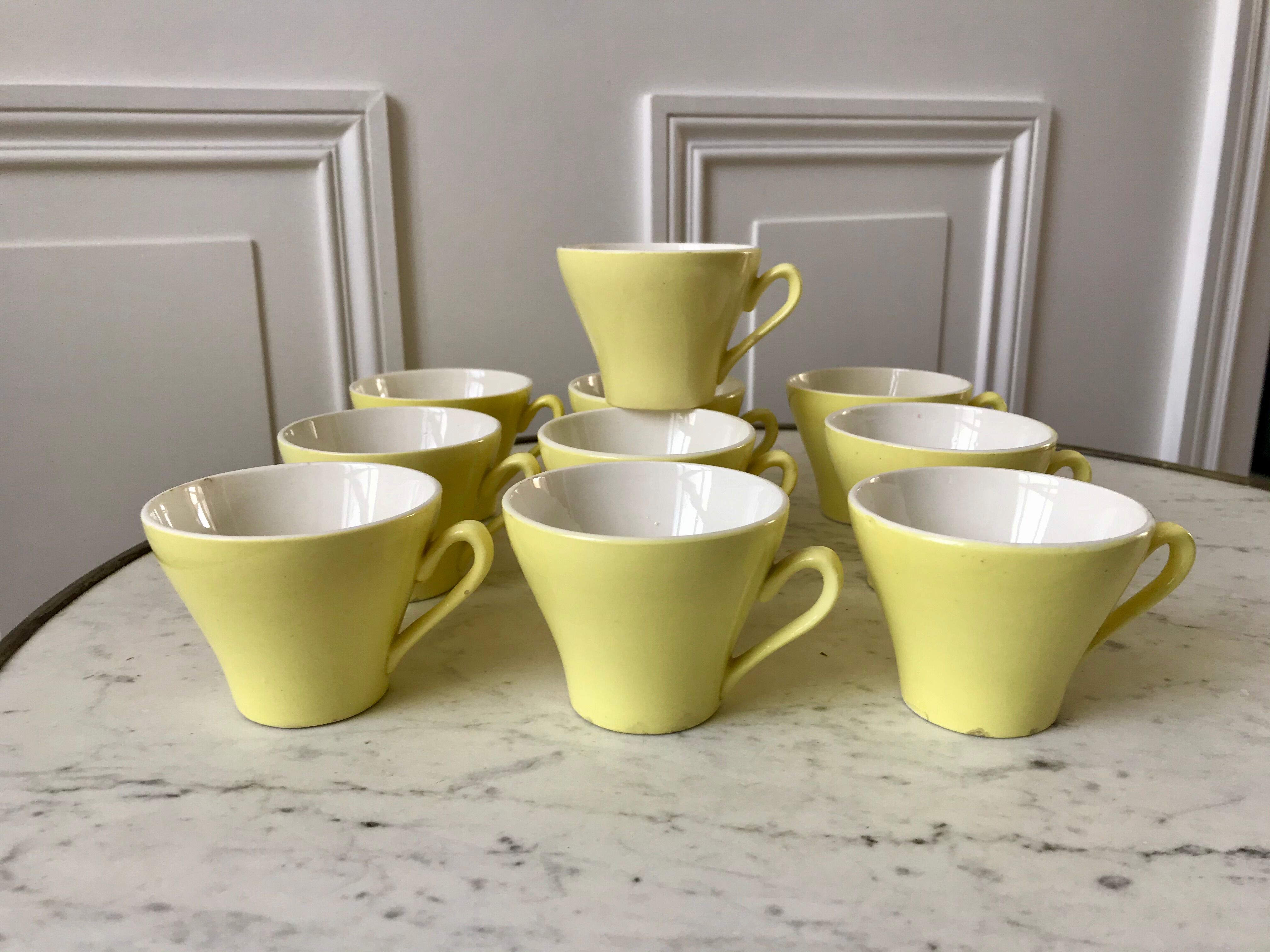 set of 10 coffee cups Digoin Sarreguemines pastel yellow color 50s