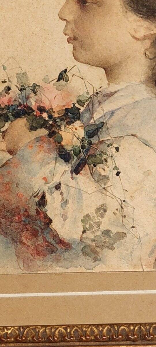 Watercolor on paper, portrait of a young girl, signed Alessandro Rontini, Florence (1854-1933)