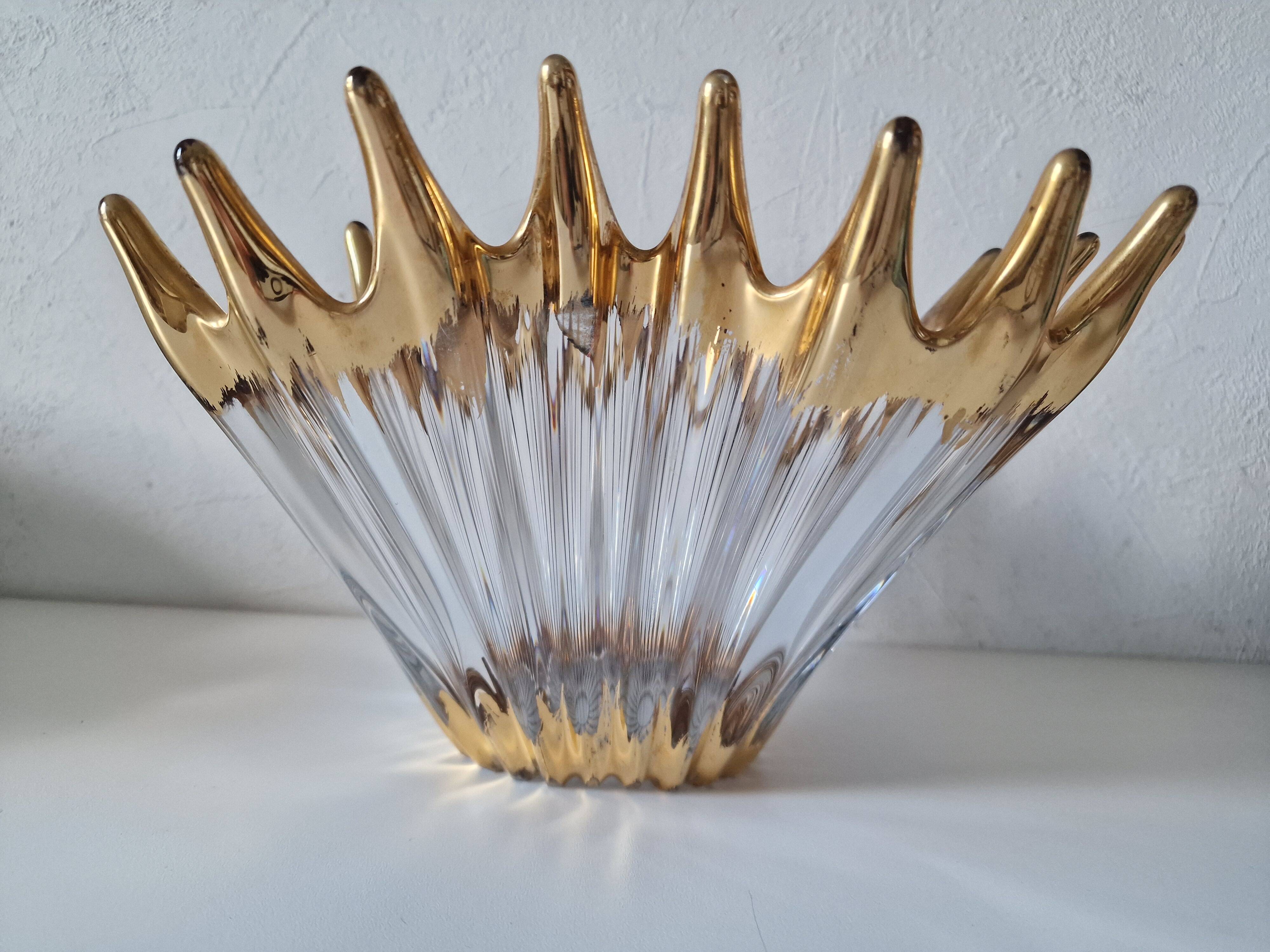 Large vintage crystal bowl from BAYEL with golden tips.