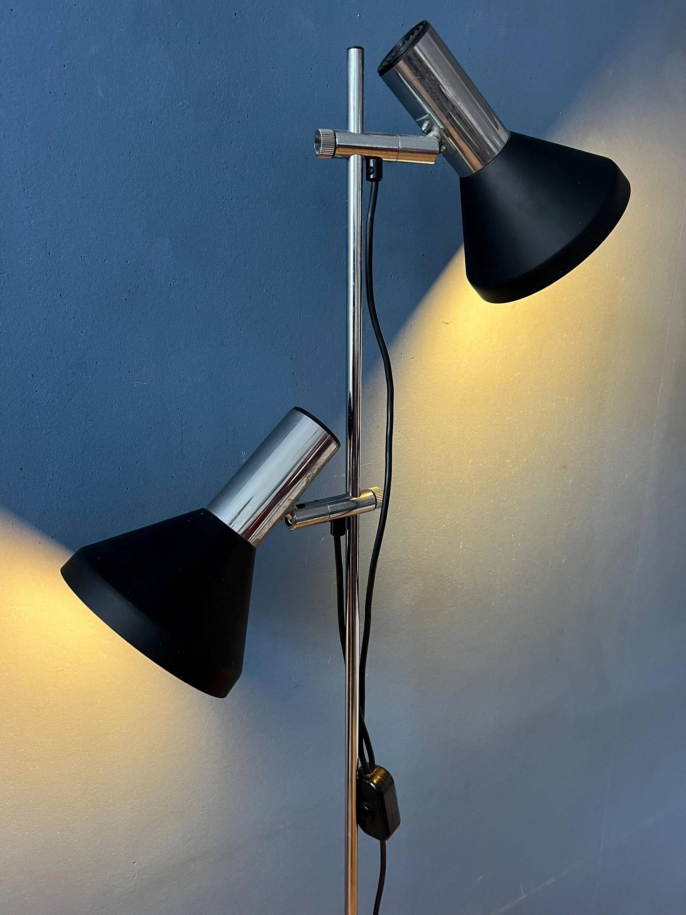 Mid-century black vintage floor lamp with two aluminium spots.