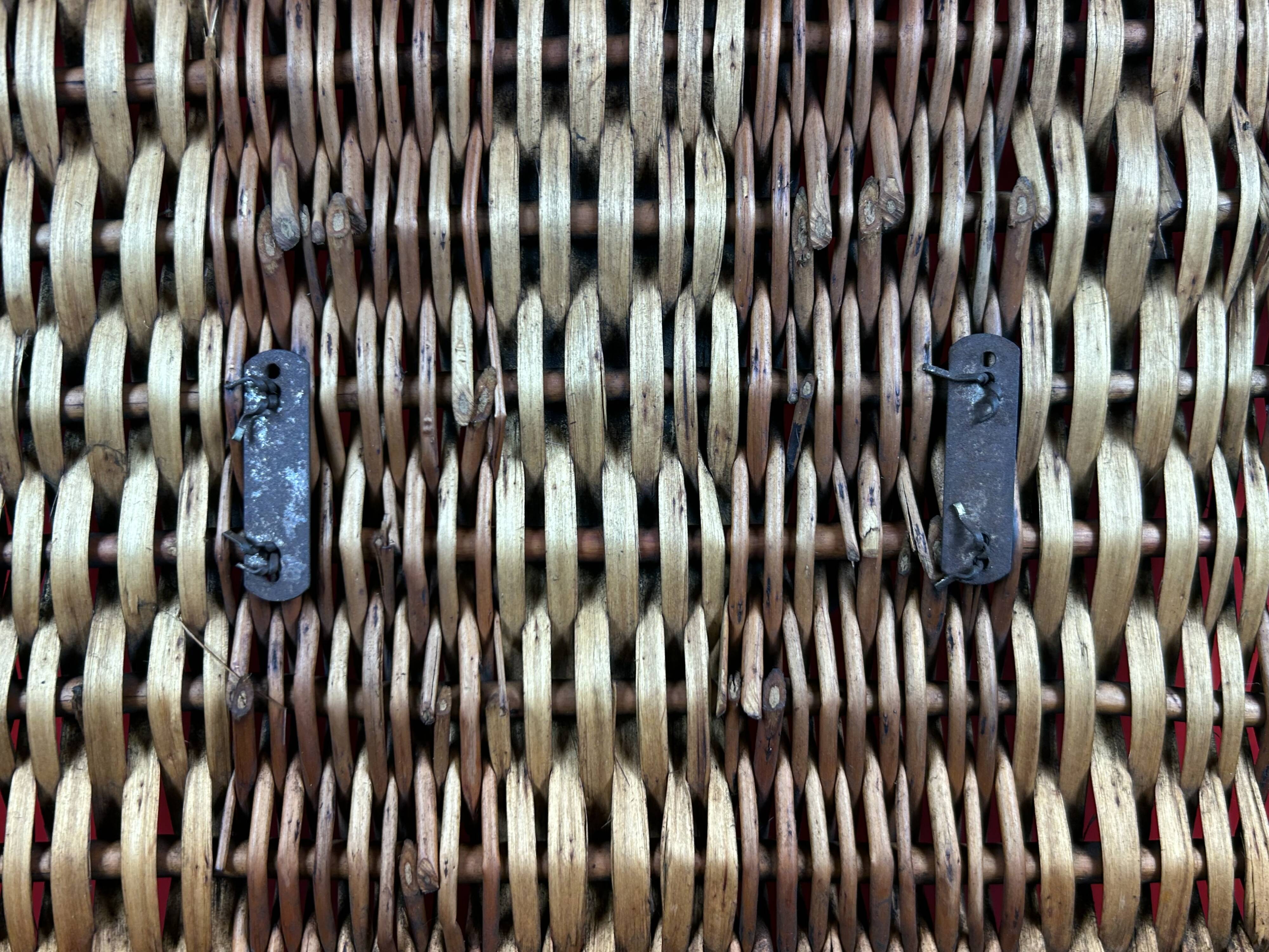 Rare antique wicker picnic basket with iron closures and handle
