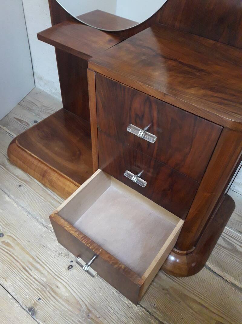 Art Deco dresser, solid walnut, veneer, 3 drawers, mirror.