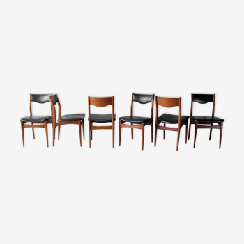 Set of 6 chairs Scandinavian teak and black leatherette - 1960