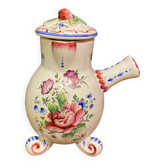 Clamecy earthenware chocolate pourer with polychrome floral decoration