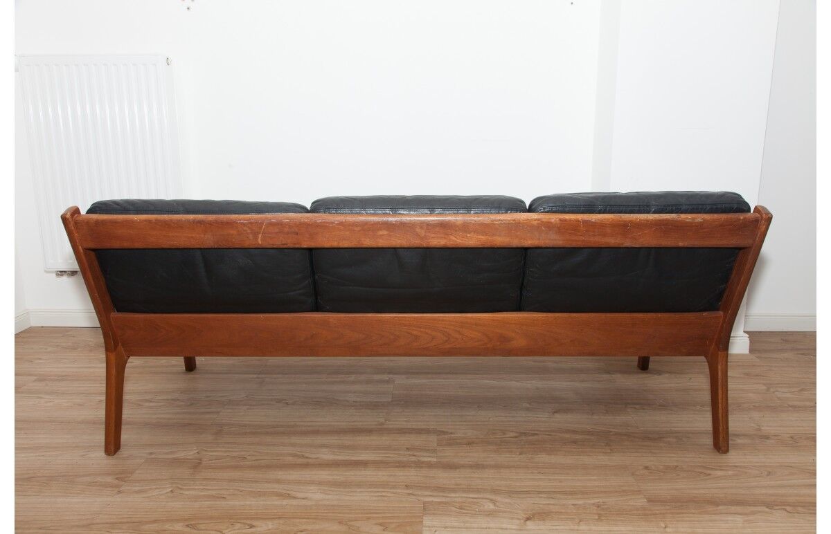 Black sofa 3 places leather and teak by Ole Wanscher for France & Søn