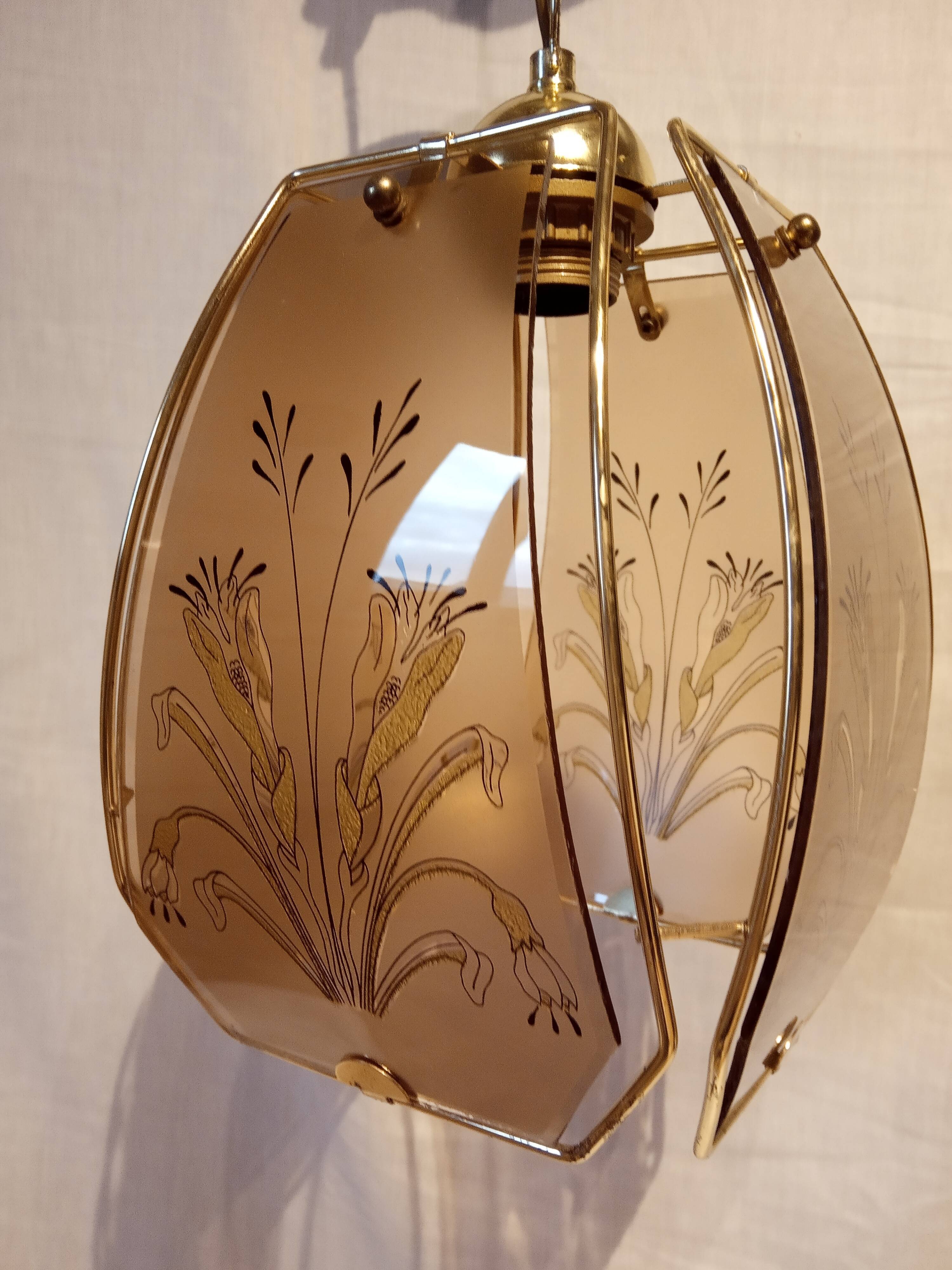 70s painted smoked glass and brass hanging lamp