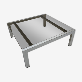 Table basse carrée vintage structure chrome et plateau verre fumé