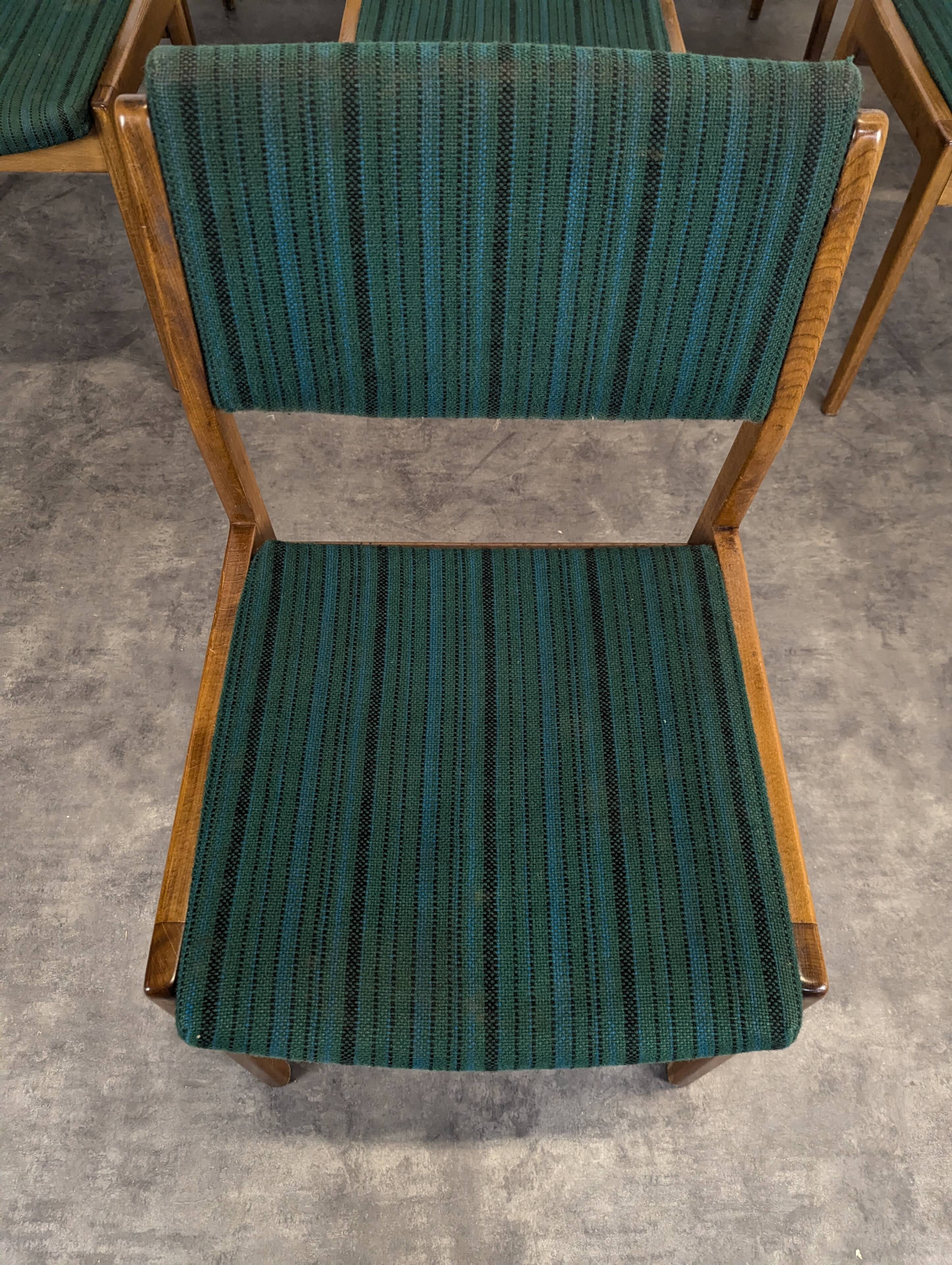 Set of 8 vintage green fabric chairs.
