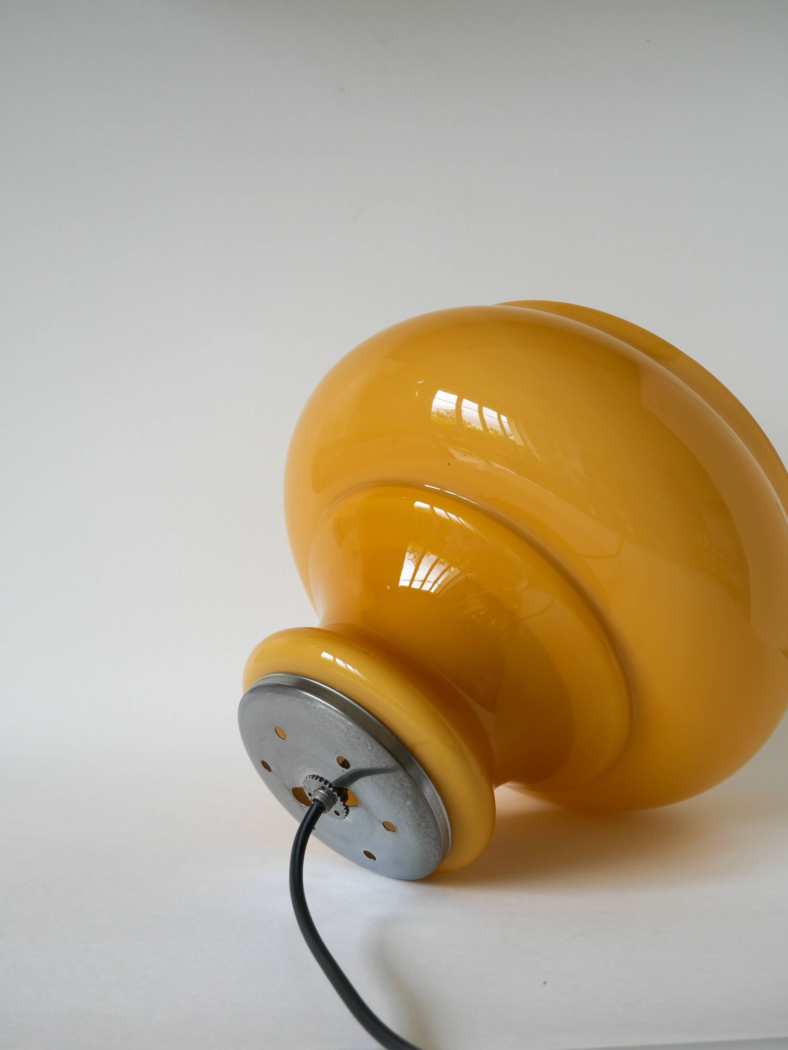 Yellow opaline pendant light with metal arc, Design, 1970