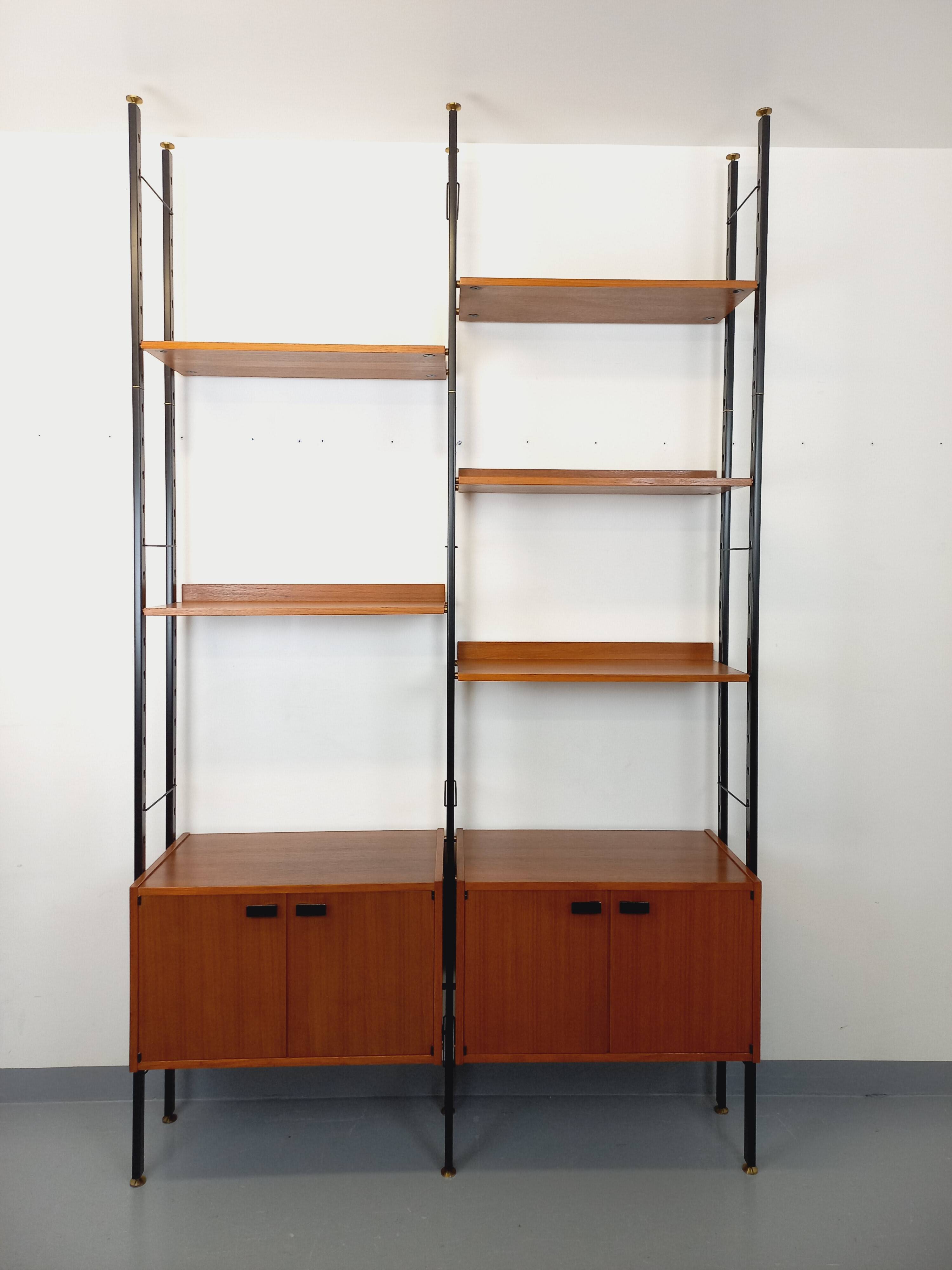 Vintage Italian double modular shelf bookcase in teak and metal