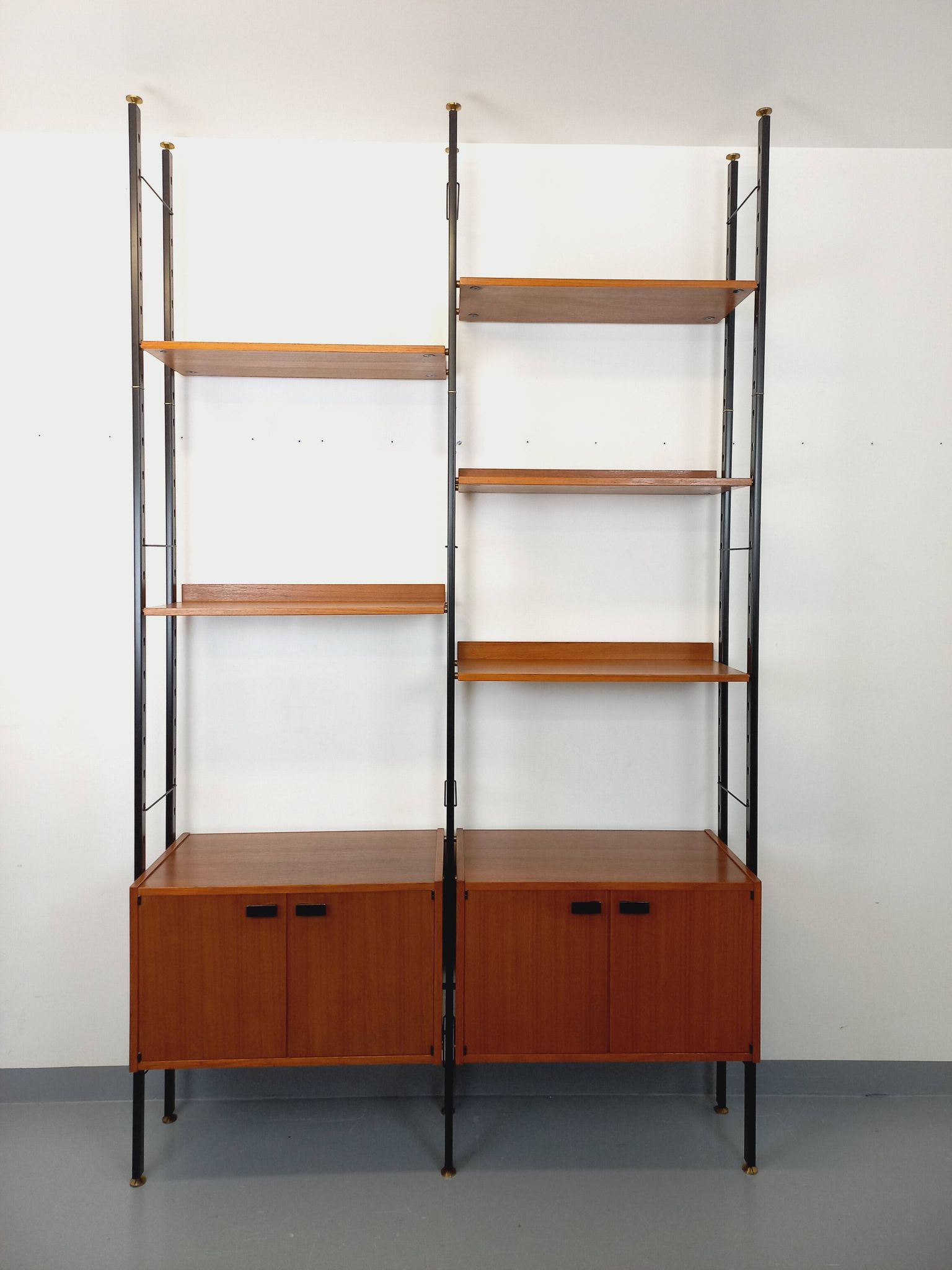 Vintage Italian double modular shelf bookcase in teak and metal