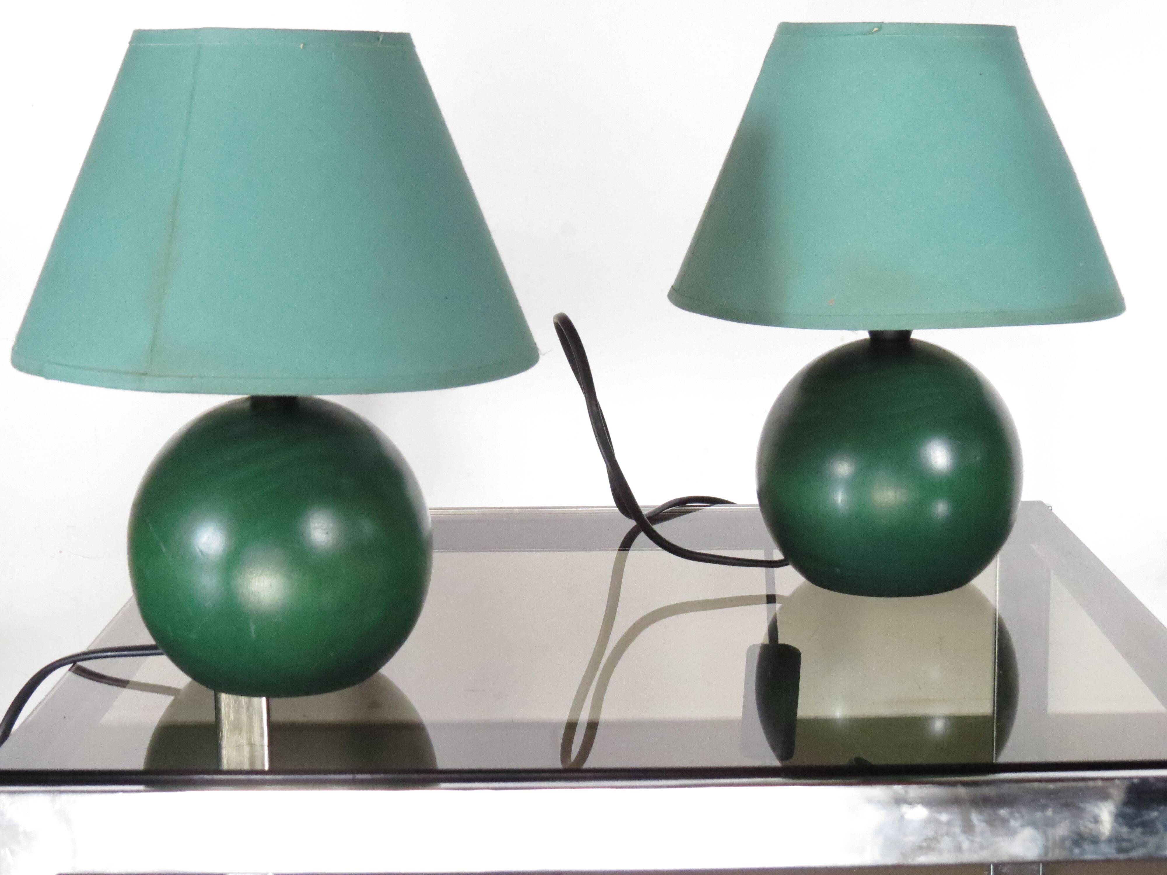 Pair of small green wooden ball lamps