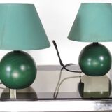 Pair of small green wooden ball lamps