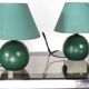 Pair of small green wooden ball lamps