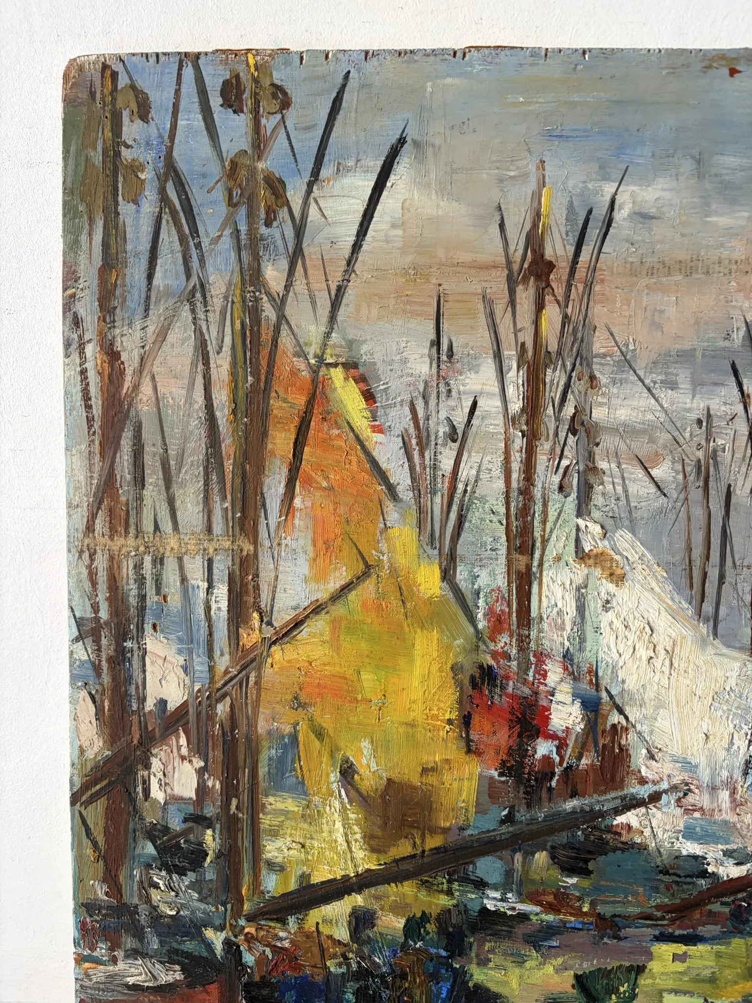 Sailboats at the harbour, oil on wood panel