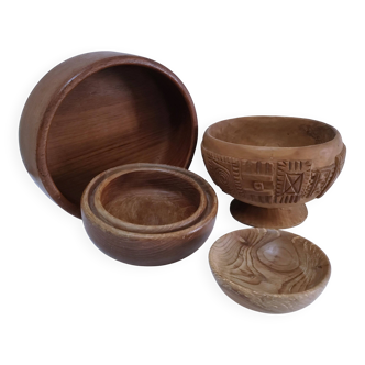 four vintage solid wood bowls
